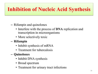 Inhibition of Nucleic Acid Synthesis
– Rifampin and quinolones
• Interfere with the process of DNA replication and
transcription in microorganisms
• More selectively toxic
– Rifampin
• Inhibit synthesis of mRNA
• Treatment for tuberculosis
– Quinolones
• Inhibit DNA synthesis
• Broad spectrum
• Treatment for urinary tract infections
38
 