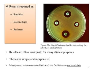  Results reported as:
– Sensitive
– Intermediate
– Resistant
42
Figure: The disc-diffusion method for determining the
activity of antimicrobials
• Results are often inadequate for many clinical purposes
• The test is simple and inexpensive
• Mostly used when more sophisticated lab facilities are not available
 