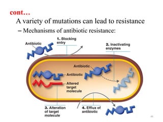 cont…
A variety of mutations can lead to resistance
– Mechanisms of antibiotic resistance:
48
 