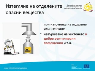 Изтегляне на отделените
опасни вещества
при източника на отделяне
или изтичане
• извършване на чистенето в
добре вентилирани
помещения и т.н.
 