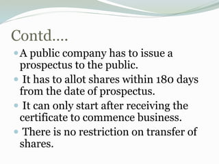 Contd….
A public company has to issue a
prospectus to the public.
 It has to allot shares within 180 days
from the date of prospectus.
 It can only start after receiving the
certificate to commence business.
 There is no restriction on transfer of
shares.
 
