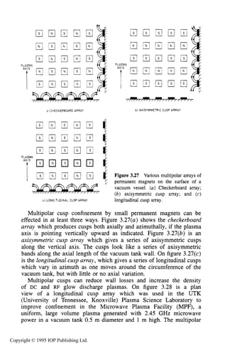 SLOWLY VARYING ELECTRIC OR MAGNETIC FIELDS 89
0 ) CHECKERBOARD ARRAY bl AXISYMMETRIC CUSP ARRAY
Figure 3.27 Various multipolar arrays of
permanent magnets on the surface of a
vacuum vessel. (a) Checkerboard array;
(b) axisymmetric cusp array; and (c)
c l LONGITUDINAL CUSP ARRAY longitudinal cusp array.
Multipolar cusp confinement by small permanent magnets can be
effected in at least three ways. Figure 3.27(a) shows the checkerboard
array which produces cusps both axially and azimuthally, if the plasma
axis is pointing vertically upward as indicated. Figure 3.27(b) is an
axisymmetric cusp array which gives a series of axisymmetric cusps
along the vertical axis. The cusps look like a series of axisymmetric
bands along the axial length of the vacuum tank wall. On figure 3.27(c)
is the longitudinal cusp array, which gives a series of longitudinal cusps
which vary in azimuth as one moves around the circumference of the
vacuum tank, but with little or no axial variation.
Multipolar cusps can reduce wall losses and increase the density
of DC and RF glow discharge plasmas. On figure 3.28 is a plan
view of a longitudinal cusp array which was used in the UTK
(University of Tennessee, Knoxville) Plasma Science Laboratory to
improve confinement in the Microwave Plasma Facility (MPF), a
uniform, large volume plasma generated with 2.45 GHz microwave
power in a vacuum tank 0.5 m diameter and 1 m high. The multipolar
Copyright © 1995 IOP Publishing Ltd.
 