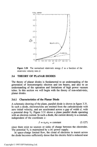 98 MOTION OF CHARGES IN ELECTRIC AND MAGNETIC FIELDS
TOTAL ENERGY
4 0 , , , , , , , , ,
3 5 -
3 0 -
2 5 -
2 0 -
E
1 5 - RELATIV I ST IC
I O -
0 5 -
0 0
0 0 01 0 2 0 3 0 4 0 5 06 0 7 O B 0 9
Figure 3.30 The normalized relativistic energy E as a function of the
relativistic velocity ratio p.
3.6 THEORY OF PLANAR DIODES
The theory of planar diodes is fundamental to an understanding of the
generation of monoenergetic electron and ion beams, and also to an
understanding of the operation and limitations of high power vacuum
tubes. In this section we will begin with the theory of non-relativistic,
planar diodes.
3.6.1 Characteristics of the Planar Diode
A schematic drawing of the plane, parallel diode is shown in figure 3.31.
In such a diode, electrons/ions are emitted from the cathodehode with
zero initial velocity, and are accelerated across a gap of width d, with
a potential drop V,. Figure 3.31 shows a plane parallel diode operating
with an electron current. In such a diode, the current density is a constant,
independent of the coordinate x :
J = n,ev, = constant (3.127)
since there exist no sources or sinks of charge between the electrodes.
The potential V, is maintained by a DC power supply.
In space-charge limited flow, the cloud of electrons in transit across
the diode becomes sufficientlydense that the electric field is reduced near
Copyright © 1995 IOP Publishing Ltd.
 