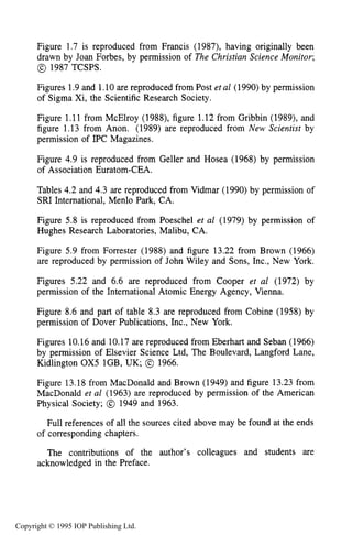 xvi ACKNOWLEDGMENTS
Figure 1.7 is reproduced from Francis (1987), having originally been
drawn by Joan Forbes, by permission of The Christian Science Monitor;
@ 1987 TCSPS.
Figures 1.9and 1.10are reproduced from Post eta1 (1990) by permission
of Sigma Xi, the Scientific Research Society.
Figure 1.11 from McElroy (1988), figure 1.12 from Gribbin (1989), and
figure 1.13 from Anon. (1989) are reproduced from New Scientist by
permission of IPC Magazines.
Figure 4.9 is reproduced from Geller and Hosea (1968) by permission
of Association Euratom-CEA.
Tables 4.2 and 4.3 are reproduced from Vidmar (1990) by permission of
SRI International, Menlo Park, CA.
Figure 5.8 is reproduced from Poeschel et a1 (1979) by permission of
Hughes Research Laboratories, Malibu, CA.
Figure 5.9 from Forrester (1988) and figure 13.22 from Brown (1966)
are reproduced by permission of John Wiley and Sons, Inc., New York.
Figures 5.22 and 6.6 are reproduced from Cooper et a1 (1972) by
permission of the International Atomic Energy Agency, Vienna.
Figure 8.6 and part of table 8.3 are reproduced from Cobine (1958) by
permission of Dover Publications, Inc., New York.
Figures 10.16and 10.17 are reproduced from Eberhart and Seban (1966)
by permission of Elsevier Science Ltd, The Boulevard, Langford Lane,
Kidlington OX5 IGB, UK; @ 1966.
Figure 13.18 from MacDonald and Brown (1949) and figure 13.23 from
MacDonald et a1 (1963) are reproduced by permission of the American
Physical Society; @ 1949 and 1963.
Full references of all the sources cited above may be found at the ends
of corresponding chapters.
The contributions of the author’s colleagues and students are
acknowledged in the Preface.
Copyright © 1995 IOP Publishing Ltd.
 
