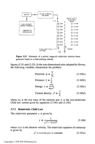 RELATIVISTIC PLANAR DIODE 107
hPULSE- FORMING
NETWORK
RELATIVIST I C
ELECTRONIA v=vo
HIGH VOLTAGE
ENERGY STORAGE
-.MEGAVOLTS
-MEGAJOULE S
Figure 3.33 Schematic of a pulsed, megavolt relativistic electron beam
generator based on a field-emitting cathode.
figures (3.31)and (3.33).In the non-dimensional units adopted by Howes,
the following variables characterize the problem:
V
Potential: q5 = -
VO
Distance: 4 = -
d
eVOEnergy: E -
moc2
X
(3.165~)
(3.165b)
(3.16%)
(3.165d)
J
Current density: 3 -
Jc
where mo is the rest mass of the electron and J, is the non-relativistic
Child law current given by equations (3.144) and (3.145).
3.7.3 Relativistic Child Law
The relativistic parameter y is given by
1
y'
CmF
(3.166)
where u(x) is the electron velocity. The relativistic equation of continuity
is given by
3 = eu(x)n,(x) = constant (3.1674
Copyright © 1995 IOP Publishing Ltd.
 