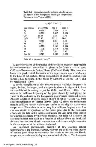 146 CHARACTERISTICS OF PLASMA
Table 4.2 Momentum transfer collision rates for various
gas species at low background neutral gas temperatures.
Data taken from Vidmar (1990).
Gas Species
N2
0 2
CO2
HZ0
He
Ne
Ar
Kr
Xe
Dry Air
T = 3 0 0 K
0.594
0.286
10.05
77.90
0.763
0.07
0.220
1.775
5.29
0.529
500 K
0.959
0.437
9.68
56.25
1.01
0.118
0.146
1.315
3.81
0.845
lo00 K
1.77
0.804
7.48
1SO
0.217
0.094
0.713
1.90
1.550
34.6
~~~~
Data, N is gas density in mV3
A good discussion of the physics of the collision processes responsible
for electron-neutral interactions is given in McDaniel' s classic book
Collision Phenomena in Zonized Gases (McDaniel 1964). This book also
has a very good critical discussion of the experimental data available up
to the time of publication. Other compilations of electron-neutral cross
sections may be found in the books by Sanbom C Brown (1967), and
by MacDonald (1966).
A useful compilation of the electron-neutral collision frequency in
argon, helium, hydrogen, and nitrogen is shown in figure 4.9, from
an unpublished laboratory report by Geller and Hosea (1968). One
obtains the collision frequency of the gases shown by multiplying the
value on the ordinate by the background gas pressure measured in torr.
Another tabulation of useful data is shown on tables 4.2 and 4.3, from
a recent publication by Vidmar (1990). Table 4.2 shows the momentum
transfer collision rate for various gas species at and slightly above room
temperature. These data show the very low collision frequencies at low
electron kinetic temperatures of the noble gases due to the Ramsauer
effect, and the data in this table also illustrate the very large cross section
for electron scattering by the water molecule. On table 4.3 is shown the
electron collision rate in air as a function of altitude above sea level, and
for very low electron kinetic temperatures such as one might encounter
in the atmosphere at the altitudes indicated.
An important phenomenon occuring at low electron kinetic
temperatures is the Ramsauer effect, whereby the collision cross section
of certain gases drops to extremely low levels at low electron kinetic
temperatures as the result of quantum mechanical effects. The Ramsauer
Copyright © 1995 IOP Publishing Ltd.
 