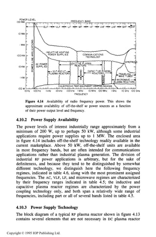 PLASMA POWER SUPPLIES 153
FREQUENCY BAND
POWER LEVEL
TECHNOLOGY
lOHz IOOHz I kHz IOkHz IOOkHz I MHL 10MHr l00MHr lGHz 10GHz 100GHz
FREQUENCY
Figure 4.14 Availability of radio frequency power. This shows the
approximate availability of off-the-shelf RF power sources as a function
of their power output level and frequency.
4.10.2 Power Supply Availability
The power levels of interest industrially range approximately from a
minimum of 200 W, up to perhaps 50 kW,although some industrial
applications require power supplies up to 1 M W . The enclosed area
in figure 4.14includes off-the-shelf technology readily available in the
current marketplace. Above 50 kW,off-the-shelf units are available
in most frequency bands, but are often intended for communications
applications rather than industrial plasma generation. The division of
industrial RF power applications is arbitrary, but for the sake of
definiteness, and because they tend to be distinguished by somewhat
different technology, we distinguish here the following frequency
regimes, indicated in table 4.6, along with the most prominent assigned
frequencies. The AC, VLF, LF, and microwave regimes are characterized
by their frequency ranges indicated in table 4.5;the inductive and
capacitive plasma reactor regimes are characterized by the power
coupling technology only, and both span a relatively wide range of
frequencies, including part or all of several bands listed in table 4.5.
4.10.3 Power Supply Technology
The block diagram of a typical RF plasma reactor shown in figure 4.13
contains several elements that are not necessary in DC plasma reactor
Copyright © 1995 IOP Publishing Ltd.
 