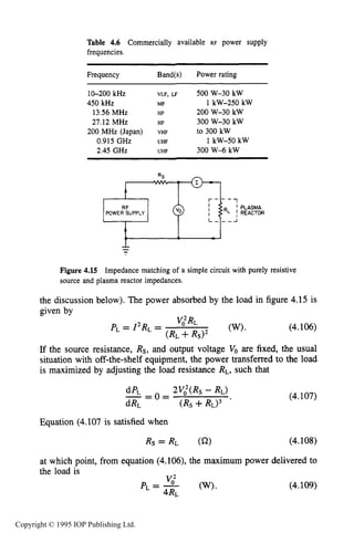 PLASMA POWER SUPPLIES 155
Table 4.6 Commercially available RF power supply
frequencies.
Frequency Band(s) Power rating
10-200 kHz VLF,LF 500 W-30 kW
450 kHz MF 1 kW-250 kW
13.56 MHz HF 200 W-30 kW
27.12 MHz HF 300 W-30 kW
200 MHz (Japan) VHF to 300 kW
0.915 GHz UHF 1 kW-50 kW
2.45 GHz UHF 300 W-6 kW
Figure 4.15 Impedance matching of a simple circuit with purely resistive
source and plasma reactor impedances.
the discussion below). The power absorbed by the load in figure 4.15 is
If the source resistance, Rs, and output voltage V, are fixed, the usual
situation with off-the-shelf equipment, the power transferred to the load
is maximized by adjusting the load resistance RL, such that
(4.107)
Equation (4.107 is satisfied when
Rs = RL (52) (4.108)
at which point, from equation (4.106),the maximum power delivered to
the load is
P L = -v,2 (W)* (4.109)
4RL
Copyright © 1995 IOP Publishing Ltd.
 