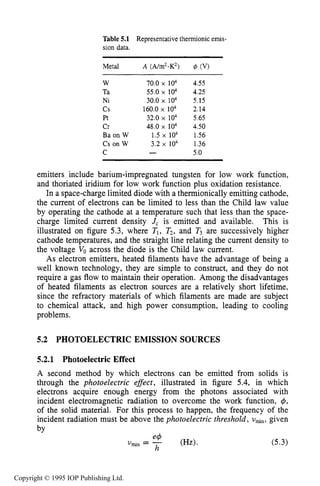 162 ELECTRON SOURCES AND BEAMS
Table 5.1 Representative thermionic emis-
sion data.
Metal
W
Ta
Ni
c s
Pt
Cr
Ba on W
Cs on W
C
A (A/m2-K2)
70.0x 104
55.0 x 104
30.0 x 104
32.0 104
48.0 104
1.5 104
3.2 104
160.0 x lo4
4.55
4.25
5.15
2.14
5.65
4.50
1.56
1.36
5.0
emitters include barium-impregnated tungsten for low work function,
and thoriated iridium for low work function plus oxidation resistance.
In a space-chargelimited diode with a thermionically emitting cathode,
the current of electrons can be limited to less than the Child law value
by operating the cathode at a temperature such that less than the space-
charge limited current density J, is emitted and available. This is
illustrated on figure 5.3, where TI, Tz, and T3 are successively higher
cathode temperatures, and the straight line relating the current density to
the voltage Voacross the diode is the Child law current.
As electron emitters, heated filaments have the advantage of being a
well known technology, they are simple to construct, and they do not
require a gas flow to maintain their operation. Among the disadvantages
of heated filaments as electron sources are a relatively short lifetime,
since the refractory materials of which filaments are made are subject
to chemical attack, and high power consumption, leading to cooling
problems.
5.2 PHOTOELECTRIC EMISSION SOURCES
5.2.1 Photoelectric Effect
A second method by which electrons can be emitted from solids is
through the photoelectric efSect, illustrated in figure 5.4, in which
electrons acquire enough energy from the photons associated with
incident electromagnetic radiation to overcome the work function, 4,
of the solid material. For this process to happen, the frequency of the
incident radiation must be above the photoelectric threshold, umin,given
by
Vmin = -" (Hz).
h
(5.3)
Copyright © 1995 IOP Publishing Ltd.
 
