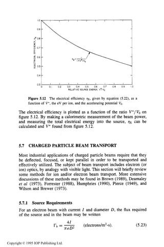 174 ELECTRON SOURCES AND BEAMS
0.4 1
0.3 I I I I I I I I I I
0 0.1 0.2 0.3 0.4 0.5 0.6 0.7 0.8 0.9 1.0
RELATIVE SOURCE ENERGY, V*/V,
Figure 5.12 The electrical efficiency qE, given by equation (5.22), as a
function of V*,the eV per ion, and the accelerating potential Vu.
The electrical efficiency is plotted as a function of the ratio V*/V, on
figure 5.12. By making a calorimetric measurement of the beam power,
and measuring the total electrical energy into the source, vE can be
calculated and V* found from figure 5.12.
5.7 CHARGED PARTICLE BEAM TRANSPORT
Most industrial applications of charged particle beams require that they
be deflected, focused, or kept parallel in order to be transported and
effectively utilized. The subject of beam transport includes electron (or
ion) optics, by analogy with visible light. This section will briefly review
some methods for ion andor electron beam transport. More extensive
discussions of these methods may be found in Brown (1989), Dearnaley
et al (1973), Forrester (1988), Humphries (1990), Pierce (1949), and
Wilson and Brewer (1973).
5.7.1 Source Requirements
For an electron beam with current I and diameter D, the flux required
of the source and in the beam may be written
41
r e D 2
rb= - (electrons/m2-s). (5.23)
Copyright © 1995 IOP Publishing Ltd.
 