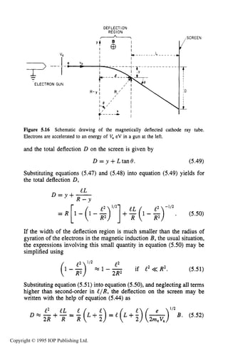 CHARGED PARTICLE BEAM TRANSPORT 181
DEFLECTION
REGION
Y
ELECTRON GUN
X I 1-I / '
+-----
I
I
Figure 5.16
Electrons are accelerated to an energy of V, eV in a gun at the left.
Schematic drawing of the magnetically deflected cathode ray tube.
and the total deflection D on the screen is given by
D = y +L t m e . (5.49)
Substituting equations (5.47) and (5.48) into equation (5.49) yields for
the total deflection D,
'L
D = y + -
R - Y
-112
= R [1 - (1 - + (1 - E) . (5.50)
R2 R2
If the width of the deflection region is much smaller than the radius of
gyration of the electrons in the magnetic induction B, the usual situation,
the expressions involving this small quantity in equation (5.50) may be
simplified using
Substituting equation (5.51)into equation (5.50),and neglecting all terms
higher than second-order in l / R , the deflection on the screen may be
written with the help of equation (5.44) as
112
D e - + - = -" lL '(.+;) =,(,+:) (&) B . (5.52)
2R R R
Copyright © 1995 IOP Publishing Ltd.
 