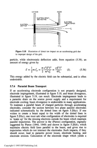 184 ELECTRON SOURCES AND BEAMS
CATHODE
ELECTRON IMPACT
ANODE
R
/ AND HEATING A ELECTRON
TRAJECTORIES
Figure 5.18 Illustration of direct ion impact on an accelerating grid due
to improper design of the grid.
particle, while electrostatic deflection adds, from equation (5.39), an
amount of energy given by
1 me2E2C2 eE212
2 2 m2v; 4V,
& = -muyb = -- -- - (J). (5.56)
This energy added by the electric field can be substantial, and is often
undesirable.
5.7.6 Paraxial Beam Transport
If an accelerating electrode configuration is not properly designed,
electrode impingement, illustrated in figure 5.18, and beam divergence,
illustrated in figure 5.19, can result. Electrode impingement leads to
a parasitic drain on the source power supply and a requirement for
electrode cooling; beam divergence is undesirable in many applications.
To maintain a parallel beam of charged particles through accelerating
electrodes, consider the section between two plane parallel electrodes
indicated schematically by the dotted lines on figure 5.20(u). If one
wishes to create a beam equal to the width of the dotted lines in
figure 5.20(u), one must ask what configuration of electrodes is required
to 'make up' for the missing electrons outside the beam which maintain
parallel trajectories. The answer is the (Pierce) configuration, orginally
suggested by Pierce (1940, 1949) and shown in figure 5.20(b), which
maintains electric field lines parallel to the beam, and gives rise to
trajectories which do not intersect the electrodes. Such impacts, if they
should occur, lead to parasitic power losses, electrode heating, and
electrode erosion. Calculation of the electrode shape which yields a
Copyright © 1995 IOP Publishing Ltd.
 