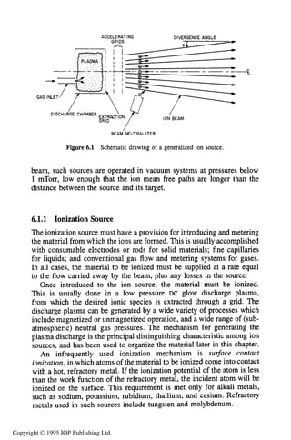 190 ION SOURCES AND BEAMS
ACCELERATING DIVERGENCE ANGLE -RRlnS
/
BEAM NEUTRALIZER
Figure 6.1 Schematic drawing of a generalized ion source.
beam, such sources are operated in vacuum systems at pressures below
1 mTorr, low enough that the ion mean free paths are longer than the
distance between the source and its target.
6.1.1 Ionization Source
The ionization source must have a provision for introducing and metering
the material from which the ions are formed. This is usually accomplished
with consumable electrodes or rods for solid materials; fine capillaries
for liquids; and conventional gas flow and metering systems for gases.
In all cases, the material to be ionized must be supplied at a rate equal
to the flow carried away by the beam, plus any losses in the source.
Once introduced to the ion source, the material must be ionized.
This is usually done in a low pressure DC glow discharge plasma,
from which the desired ionic species is extracted through a grid. The
discharge plasma can be generated by a wide variety of processes which
include magnetized or unmagnetized operation, and a wide range of (sub-
atmospheric) neutral gas pressures. The mechanism for generating the
plasma discharge is the principal distinguishing characteristic among ion
sources, and has been used to organize the material later in this chapter.
An infrequently used ionization mechanism is su&ce contact
ionization,in which atoms of the material to be ionized come into contact
with a hot, refractory metal. If the ionization potential of the atom is less
than the work function of the refractory metal, the incident atom will be
ionized on the surface. This requirement is met only for alkali metals,
such as sodium, potassium, rubidium, thallium, and cesium. Refractory
metals used in such sources include tungsten and molybdenum.
Copyright © 1995 IOP Publishing Ltd.
 