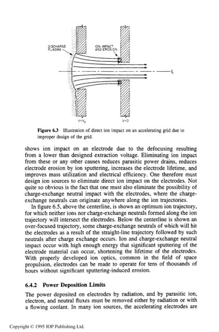 196 ION SOURCES AND BEAMS
v=v, v=o
Figure 6.3 Illustration of direct ion impact on an accelerating grid due to
improper design of the grid.
shows ion impact on an electrode due to the defocusing resulting
from a lower than designed extraction voltage. Eliminating ion impact
from these or any other causes reduces parasitic power drains, reduces
electrode erosion by ion sputtering, increases the electrode lifetime, and
improves mass utilization and electrical efficiency. One therefore must
design ion sources to eliminate direct ion impact on the electrodes. Not
quite so obvious is the fact that one must also eliminate the possibility of
charge-exchange neutral impact with the electrodes, where the charge-
exchange neutrals can originate anywhere along the ion trajectories.
In figure 6.5, above the centerline, is shown an optimum ion trajectory,
for which neither ions nor charge-exchange neutrals formed along the ion
trajectory will intersect the electrodes. Below the centerline is shown an
over-focused trajectory, some charge-exchange neutrals of which will hit
the electrodes as a result of the straight-line trajectory followed by such
neutrals after charge exchange occurs. Ion and charge-exchange neutral
impact occur with high enough energy that significant sputtering of the
electrode material can occur, shortening the lifetime of the electrodes.
With properly developed ion optics, common in the field of space
propulsion, electrodes can be made to operate for tens of thousands of
hours without significant sputtering-induced erosion.
6.4.2 Power Deposition Limits
The power deposited on electrodes by radiation, and by parasitic ion,
electron, and neutral fluxes must be removed either by radiation or with
a flowing coolant. In many ion sources, the accelerating electrodes are
Copyright © 1995 IOP Publishing Ltd.
 