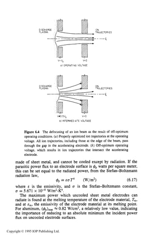 ION SOURCE DESIGN 197
I ON
TRAJECTORIES
DISCHARGE
PLASMA
DISCHARGE
PLASMA
v=v, v=0
a ) OPERATING VOLTAGE
.
ION
TRAJECTORIES
F_
V 0.5Va v:o
b) INTERMEDIATE VOLTAGE
Figure 6.4 The defocusing of an ion beam as the result of off-optimum
operating conditions. (a)Properly optimized ion trajectories at the operating
voltage. All ion trajectories, including those at the edge of the beam, pass
through the gap in the accelerating electrode. (b)Off-optimum operating
voltage, which results in ion trajectories that intersect the accelerating
electrode.
made of sheet metal, and cannot be cooled except by radiation. If the
parasitic power flux to an electrode surface is q5p watts per square meter,
this can be set equal to the radiated power, from the Stefan-Boltzmann
radiation law,
$p = E O T ~ (W/m2) (6.17)
where E is the emissivity, and c7 is the Stefan-Boltzmann constant,
o = 5.671 x lo-* W/m2-K4.
The maximum power which uncooled sheet metal electrodes can
radiate is found at the melting temperature of the electrode material, T,,
and at E,, the emissivity of the electrode material at its melting point.
For aluminum, % 0.82 W/cm2, a relatively low value, indicating
the importance of reducing to an absolute minimum the incident power
flux on uncooled electrode surfaces.
Copyright © 1995 IOP Publishing Ltd.
 