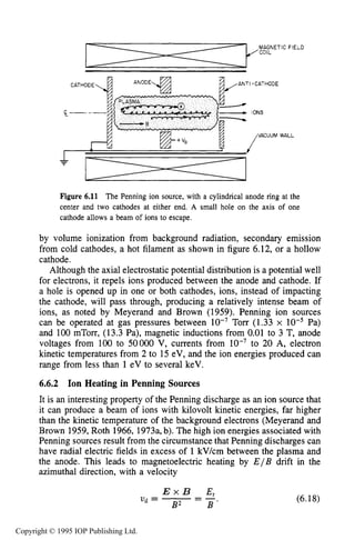 PENNING DISCHARGE SOURCES 205
ANTI -CATHODE
-IONS
VACUUM
/
WALL
Figure 6.11 The Penning ion source, with a cylindrical anode ring at the
center and two cathodes at either end. A small hole on the axis of one
cathode allows a beam of ions to escape.
by volume ionization from background radiation, secondary emission
from cold cathodes, a hot filament as shown in figure 6.12, or a hollow
cathode.
Although the axial electrostatic potential distribution is a potential well
for electrons, it repels ions produced between the anode and cathode. If
a hole is opened up in one or both cathodes, ions, instead of impacting
the cathode, will pass through, producing a relatively intense beam of
ions, as noted by Meyerand and Brown (1959). Penning ion sources
can be operated at gas pressures between Torr (1.33 x Pa)
and 100 mTorr, (13.3 Pa), magnetic inductions from 0.01 to 3 T, anode
voltages from 100 to 50000 V, currents from to 20 A, electron
kinetic temperatures from 2 to 15 eV, and the ion energies produced can
range from less than 1 eV to several keV.
6.6.2 Ion Heating in Penning Sources
It is an interesting property of the Penning discharge as an ion source that
it can produce a beam of ions with kilovolt kinetic energies, far higher
than the kinetic temperature of the background electrons (Meyerand and
Brown 1959, Roth 1966, 1973a,b). The high ion energies associated with
Penning sources result from the circumstance that Penning discharges can
have radial electric fields in excess of 1 kV/cm between the plasma and
the anode. This leads to magnetoelectric heating by E/B drift in the
azimuthal direction, with a velocity
E x B E.
(6.18)
Copyright © 1995 IOP Publishing Ltd.
 