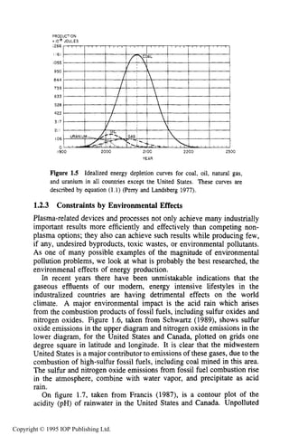 8 INTRODUCTION
PRODUCTION
i IO" JOULES
1266
1161
1055
950
844
739
633
528
422
317
21I
I06
0
1900 2000 2100 2200 2300
YEAR
Figure 1.5 Idealized energy depletion curves for coal, oil, natural gas,
and uranium in all countries except the United States. These curves are
described by equation (1.1) (Perry and Landsberg 1977).
1.2.3 Constraintsby Environmental Effects
Plasma-related devices and processes not only achieve many industrially
important results more efficiently and effectively than competing non-
plasma options; they also can achieve such results while producing few,
if any, undesired byproducts, toxic wastes, or environmental pollutants.
As one of many possible examples of the magnitude of environmental
pollution problems, we look at what is probably the best researched, the
environmenal effects of energy production.
In recent years there have been unmistakable indications that the
gaseous effluents of our modern, energy intensive lifestyles in the
industralized countries are having detrimental effects on the world
climate. A major environmental impact is the acid rain which arises
from the combustion products of fossil fuels, including sulfur oxides and
nitrogen oxides. Figure 1.6, taken from Schwartz (1989), shows sulfur
oxide emissions in the upper diagram and nitrogen oxide emissions in the
lower diagram, for the United States and Canada, plotted on grids one
degree square in latitude and longitude. It is clear that the midwestern
United States is a major contributor to emissions of these gases, due to the
combustion of high-sulfur fossil fuels, including coal mined in this area.
The sulfur and nitrogen oxide emissions from fossil fuel combustion rise
in the atmosphere, combine with water vapor, and precipitate as acid
rain.
On figure 1.7, taken from Francis (1987), is a contour plot of the
acidity (pH) of rainwater in the United States and Canada. Unpolluted
Copyright © 1995 IOP Publishing Ltd.
 