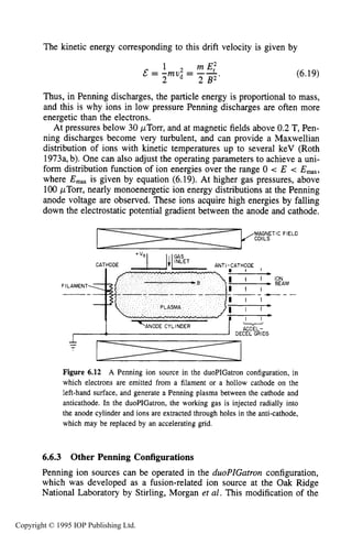 206 ION SOURCES AND BEAMS
The kinetic energy corresponding to this drift velocity is given by
1 mE:
& = -mu - --
2 d - 2 B2'
(6.19)
Thus, in Penning discharges, the particle energy is proportional to mass,
and this is why ions in low pressure Penning discharges are often more
energetic than the electrons.
At pressures below 30 pTorr, and at magnetic fields above 0.2T, Pen-
ning discharges become very turbulent, and can provide a Maxwellian
distribution of ions with kinetic temperatures up to several keV (Roth
1973a,b). One can also adjust the operating parameters to achieve a uni-
form distribution function of ion energies over the range 0 < E < E-,
where E,, is given by equation (6.19). At higher gas pressures, above
100 pTorr, nearly monoenergetic ion energy distributions at the Penning
anode voltage are observed. These ions acquire high energies by falling
down the electrostatic potential gradient between the anode and cathode.
MAGNETIC FIELD
COILS
DECEL GRIDS
ION
BEAM
Figure 6.12 A Penning ion source in the duoPIGatron configuration, in
which electrons are emitted from a filament or a hollow cathode on the
left-hand surface, and generate a Penning plasma between the cathode and
anticathode. In the duoPIGatron, the working gas is injected radially into
the anode cylinder and ions are extracted through holes in the anti-cathode,
which may be replaced by an accelerating grid.
6.6.3 Other Penning Configurations
Penning ion sources can be operated in the duoPZGatron configuration,
which was developed as a fusion-related ion source at the Oak Ridge
National Laboratory by Stirling, Morgan et al. This modification of the
Copyright © 1995 IOP Publishing Ltd.
 