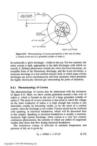 CORONA DISCHARGES 253
ACTIVE R ~ D I U S
INNER ELECTRODE
Figure 8.13 Phenomenology of corona generated by a fine wire of radius
a located on the axis of a grounded cylinder of radius b.
be technically a ‘glow discharge’, visible to the eye. For low currents, the
entire corona is dark, appropriate to the dark discharges with which we
classify it. Related phenomena include the silent electrical discharge, an
inaudible form of the filamentary discharge, and the brush discharge, a
luminous discharge in a non-uniform electric field, in which many corona
discharges are active simultaneously and form streamers which penetrate
the highly electrically stressed gas surrounding the point of initiation.
8.4.1 Phenomenology of Corona
The phenomenology of corona may be understood with the assistance
of figure 8.13. Here, we show corona generated around a fine wire of
radius a, which is located on the axis of a large grounded cylinder of
radius 6.The point of corona initiation is that point at which the voltage
on the inner conductor of radius a is high enough that corona is just
detectable, usually by becoming visible, or by the onset of a coronal
current, when the discharge is not visible. Corona should not be confused
with sparking, or electrical breakdown, which will be discussed later
in this chapter. Sparking or electrical breakdown is usually a transient,
localized, high current discharge, while corona is a very low current,
continuous phenomenon, the currents of which are orders of magnitude
smaller than those that flow during electrical breakdown.
The breakdown voltage in kilovolts at standard temperature and
pressure of dry air is given by
VB = 3000d +1.35 kV (8.35)
Copyright © 1995 IOP Publishing Ltd.
 