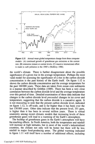 LONG-TERM GLOBAL ENERGY ISSUES 13
6000 YEARS AGO
FIVE-YEAR
RUNNING AVERAGE
‘C
0 5
0 - OBSERVED
SCENARIO P
SCENARIO B ----------
SCENARIO C ...................
I I /v V Y I
I I I I 1
I960 1970 1980 1990 2000 2010 2020
YEAR
Figure 1.11 Annual mean global temperature change from three computer
models: (A) continued growth of greenhouse gas emissions at the current
rate; (B) emissions remain at current levels; (C) massive international effort
is made to curb pollution in the 1990’s (McElroy 1988).
the world’s climate. There is further disagreement about the possible
significance of a given rise in the average temperature. Perhaps the most
valid model for assessing the significance of a rise in the carbon dioxide
concentration is the past history of the Earth itself. On figure 1.12 is
shown the carbon dioxide concentration and the average temperature for
the past 160000 years. These data are taken from ocean core sediments
in a manner described by Gribbin (1989). There has been a very close
correlation between the carbon dioxide level and the average temperature
over this period of time. Detailed examination of these data indicate that
changes in the carbon dioxide level preceeded changes in ice cover and
temperature, suggesting that the carbon dioxide is a causative agent. It
is not reassuring to note that the present carbon dioxide level, indicated
on figure 1.12, is off-scale, and is far higher than it has been over the
last 150000 years. Other data indicate that the present level, 351 ppm,
is higher than it has been in several million years. There is virtual
unanimity among recent climatic models that increasing levels of these
greenhouse gases will lead to a warming of the Earth’s atmosphere.
The buildup of greenhouse gases in the Earth’s atmosphere will have
far-reaching effects. In North America, both the temperature and rainfall
will increase at high latitudes, but in most of the world’s industrialized
countries, the climate not only will be hotter but there will be less
rainfall in major food-producing areas. The global warming indicated
in figure 1.11 will itself have a number of additional effects, including
Copyright © 1995 IOP Publishing Ltd.
 