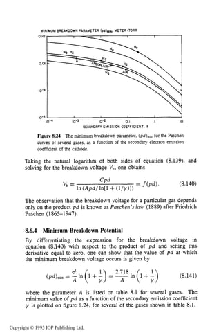278 DARK ELECTRICAL DISCHARGES IN GASES
10-4 I I I I I
MINIMUM BREAKDOWN PARAMETER (pd)MIN, METER-TORR
I
10-3 -
Taking the natural logarithm of both sides of equation (8.139), and
solving for the breakdown voltage vb, one obtains
(8.140)
The observation that the breakdown voltage for a particular gas depends
only on the product pd is known as Paschen’s law (1889) after Friedrich
Paschen (1865-1947).
8.6.4 Minimum Breakdown Potential
By differentiating the expression for the breakdown voltage in
equation (8.140) with respect to the product of pd and setting this
derivative equal to zero, one can show that the value of pd at which
the minimum breakdown voltage occurs is given by
(8.141)
( i)2.718A ln(1+$)
(pd)min= -1n 1+- = -
A
where the parameter A is listed on table 8.1 for several gases. The
minimum value of pd as a function of the secondary emission coefficient
y is plotted on figure 8.24, for several of the gases shown in table 8.1.
Copyright © 1995 IOP Publishing Ltd.
 