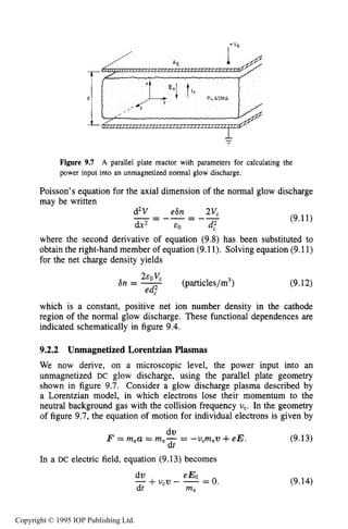 294 DC ELECTRICAL GLOW DISCHARGES IN GASES
dT
L
/ *E
Figure 9.7 A parallel plate reactor with parameters for calculating the
power input into an unmagnetized normal glow discharge.
Poisson's equation for the axial dimension of the normal glow discharge
may be written
(9.11)
where the second derivative of equation (9.8) has been substituted to
obtain the right-hand member of equation (9.11). Solving equation (9.11)
for the net charge density yields
6n = -2Eo "C
(particles/m3)
ed,2
(9.12)
which is a constant, positive net ion number density in the cathode
region of the normal glow discharge. These functional dependences are
indicated schematically in figure 9.4.
9.2.2 Unmagnetized Lorentzian Plasmas
We now derive, on a microscopic level, the power input into an
unmagnetized DC glow discharge, using the parallel plate geometry
shown in figure 9.7. Consider a glow discharge plasma described by
a Lorentzian model, in which electrons lose their momentum to the
neutral background gas with the collision frequency vc. In the geometry
of figure 9.7, the equation of motion for individual electrons is given by
F = mea = me- = -vcm,v +eE. (9.13)
dv
dt
In a DC electric field, equation (9.13) becomes
dv eEo
-+UCV - -= 0,
dt me
(9.14)
Copyright © 1995 IOP Publishing Ltd.
 