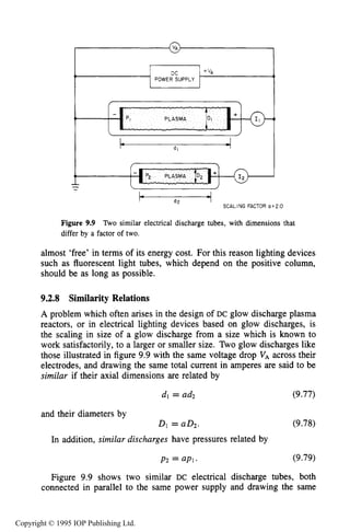306 DC ELECTRICAL GLOW DISCHARGES IN GASES
mPOWER SUPPLY
_v
-
b - PI PLASMA
I
SCALING FACTOR a = 2 0
I dz
Figure 9.9 Two similar electrical discharge tubes, with dimensions that
differ by a factor of two.
almost ‘free’ in terms of its energy cost. For this reason lighting devices
such as fluorescent light tubes, which depend on the positive column,
should be as long as possible.
9.2.8 Similarity Relations
A problem which often arises in the design of DC glow discharge plasma
reactors, or in electrical lighting devices based on glow discharges, is
the scaling in size of a glow discharge from a size which is known to
work satisfactorily, to a larger or smaller size. Two glow discharges like
those illustrated in figure 9.9 with the same voltage drop VA across their
electrodes, and drawing the same total current in amperes are said to be
similar if their axial dimensions are related by
dl = ad2 (9.77)
and their diameters by
D1 =aDz. (9.78)
In addition, similar discharges have pressures related by
P2 = U P l . (9.79)
Figure 9.9 shows two similar DC electrical discharge tubes, both
connected in parallel to the same power supply and drawing the same
Copyright © 1995 IOP Publishing Ltd.
 