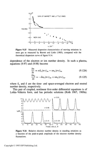 THEORY OF MOVING STRIATIONS
RAWSEC
-2
-4-
- 6
317
-
4 DATA OF BARRETT AND L I T T L E (1965)
4 - :
k.
2 - 'e 0 .
* 'e
4,
- .e
NEON GAS e 8 a
I I I I I I I e * I e a I
8 ,
k, CM-'
Figure 9.15 Measured dispersion characteristics of moving striations in
neon gas as measured by Barrett and Little (1965),compared with the
theoretical dispersion curve of figure 9.14.
dependence of the electron or ion number density. In such a plasma,
equations (9.97) and (9.98) become
an
at
-= nii,(ou),, - nne(ou),, (9.124)
(9.125)
where ti, and i-i are the time- and space-averaged electron and neutral
number density, respectively.
This pair of coupled, nonlinear first-order differential equations is of
Lotka-Volterra form, and has periodic solutions (Roth 1967, 1969a).
q'o 85
01 " " " " " ' '
ne(020 IO 20 30 40 7 ' 05 0 1560
17'0 20
PHASE ANGLE, e
Figure 9.16 Relative electron number density in standing striations as
a function of the peak-to-peak amplitude of the electron number density
fluctuations.
Copyright © 1995 IOP Publishing Ltd.
 
