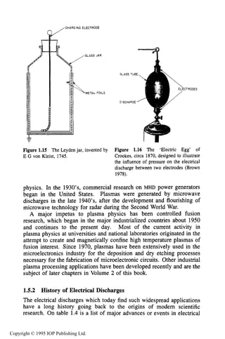 HISTORICAL DEVELOPMENT
,CHARGING ELECTRODE
21
Figure 1.15 The Leyden jar, invented by Figure 1.16 The ‘Electric Egg’ of
E G von Kleist, 1745. Crookes, circa 1870, designed to illustrate
the influence of pressure on the electrical
discharge between two electrodes (Brown
1978).
physics. In the 1930’s, commercial research on MHD power generators
began in the United States. Plasmas were generated by microwave
discharges in the late 1940’s, after the development and flourishing of
microwave technology for radar during the Second World War.
A major impetus to plasma physics has been controlled fusion
research, which began in the major industrialized countries about 1950
and continues to the present day. Most of the current activity in
plasma physics at universities and national laboratories originated in the
attempt to create and magnetically confine high temperature plasmas of
fusion interest. Since 1970, plasmas have been extensively used in the
microelectronics industry for the deposition and dry etching processes
necessary for the fabrication of microelectronic circuits. Other industrial
plasma processing applications have been developed recently and are the
subject of later chapters in Volume 2 of this book.
1.5.2 History of Electrical Discharges
The electrical discharges which today find such widespread applications
have a long history going back to the origins of modern scientific
research. On table 1.4 is a list of major advances or events in electrical
Copyright © 1995 IOP Publishing Ltd.
 