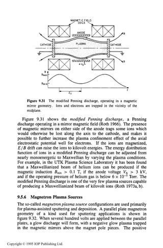 DC GLOW DISCHARGE PLASMA SOURCES 337
Figure 9.31 The modified Penning discharge, operating in a magnetic
mirror geometry. Ions and electrons are trapped in the vicinity of the
midplane.
Figure 9.31 shows the modified Penning discharge, a Penning
discharge operating in a mirror magnetic field (Roth 1966). The presence
of magnetic mirrors on either side of the anode traps some ions which
would otherwise be lost along the axis to the cathode, and makes it
possible to further increase the plasma confinement effect of the axial
electrostatic potential well for electrons. If the ions are magnetized,
E / B drift can raise the ions to kilovolt energies. The energy distribution
function of ions in a modified Penning discharge can be adjusted from
nearly monoenergetic to Maxwellian by varying the plasma conditions.
For example, in the UTK Plasma Science Laboratory it has been found
that a Maxwellianized beam of helium ions can be produced if the
magnetic induction Bfin > 0.1 T, if the anode voltage VA > 3 kV,
and if the operating pressure of helium gas is below 6 x Torr. The
modified Penning discharge is one of the very few plasma sources capable
of producing a Maxwellianized beam of kilovolt ions (Roth 1973a,b).
9.5.6 Magnetron Plasma Sources
The so-called magnetronplasma source configurations are used primarily
for plasma-assisted sputtering and deposition. A parallel plate magnetron
geometry of a kind used for sputtering applications is shown in
figure 9.32. When several hundred volts are applied between the parallel
plates, a glow discharge will form, with a negative glow plasma trapped
in the magnetic mirrors above the magnet pole pieces. The positive
Copyright © 1995 IOP Publishing Ltd.
 
