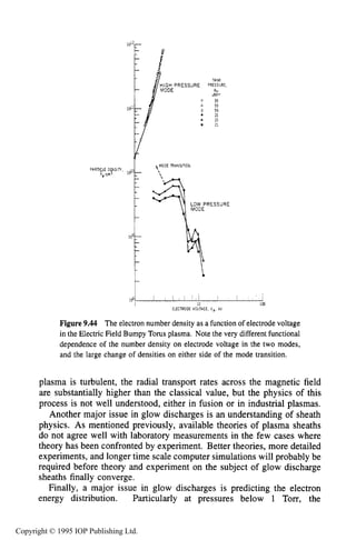 ISSUES IN GLOW DISCHARGE PHYSICS 349
TANK
PRESSURE,
utorr
PI.
53
53
53
21
21
21
MODE TRAkSITIOh
'.
:oil 1 , I , , I ! I I
10 i m
ELECTRODE VOLTAGE VA kV
Figure9.44 The electron number density as a function of electrode voltage
in the Electric Field Bumpy Torus plasma. Note the very different functional
dependence of the number density on electrode voltage in the two modes,
and the large change of densities on either side of the mode transition.
plasma is turbulent, the radial transport rates across the magnetic field
are substantially higher than the classical value, but the physics of this
process is not well understood, either in fusion or in industrial plasmas.
Another major issue in glow discharges is an understanding of sheath
physics. As mentioned previously, available theories of plasma sheaths
do not agree well with laboratory measurements in the few cases where
theory has been confronted by experiment. Better theories, more detailed
experiments, and longer time scale computer simulations will probably be
required before theory and experiment on the subject of glow discharge
sheaths finally converge.
Finally, a major issue in glow discharges is predicting the electron
energy distribution. Particularly at pressures below 1 Torr, the
Copyright © 1995 IOP Publishing Ltd.
 