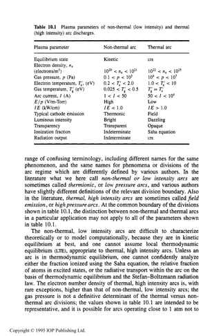 354 DC ELECTRICAL ARC DISCHARGES IN GASES
Table 10.1 Plasma parameters of non-thermal (low intensity) and thermal
(high intensity) arc discharges.
~~~~ ~ ~ ~ ~ ~ ~ ~ ~ ~ ~
Plasma parameter Non-thermal arc Thermal arc
Equilibrium state
Electron density, ne
(electrons/m3)
Gas pressure, p (Pa)
Electron temperature, TL, (eV)
Gas temperature, Ti (eV)
Arc current, I (A)
E / p (V/m-Torr)
I E (kW/cm)
Typical cathode emission
Luminous intensity
Transparency
Ionization fraction
Radiation output
Kinetic
1020 < ne < 102'
0.1 < < 105
0.2 < T,' < 2.0
0.025 < Ti < 0.5
l < I i 5 0
High
I E < 1.0
Thermonic
Bright
Transparent
Indeterminate
Indeterminate
1022 < n, < 1025
104 < < 107
1.0 < T,' < 10
50 < I < 104
Tp' = T,'
LOW
I E > 1.0
Field
Dazzling
Opaque
Saha equation
LTE
range of confusing terminology, including different names for the same
phenomenon, and the same names for phenomena or divisions of the
arc regime which are differently defined by various authors. In the
literature what we here call non-thermal or low intensity arcs are
sometimes called thermionic, or low pressure arcs, and various authors
have slightly different definitions of the relevant division boundary. Also
in the literature, thermal, high intensity arcs are sometimes called field
emission, or highpressurearcs. At the common boundary of the divisions
shown in table 10.1,the distinction between non-thermal and thermal arcs
in a particular application may not apply to all of the parameters shown
in table 10.1.
The non-thermal, low intensity arcs are difficult to characterize
theoretically or to model computationally, because they are in kinetic
equilibrium at best, and one cannot assume local thermodynamic
equilibrium (LTE),appropriate to thermal, high intensity arcs. Unless an
arc is in thermodynamic equilibrium, one cannot confidently analyze
either the fraction ionized using the Saha equation, the relative fraction
of atoms in excited states, or the radiative transport within the arc on the
basis of thermodynamic equilibrium and the Stefan-Boltzmann radiation
law. The electron number density of thermal, high intensity arcs is, with
rare exceptions, higher than that of non-thermal, low intensity arcs; the
gas pressure is not a definitive determinant of the thermal versus non-
thermal arc divisions; the values shown in table 10.1are intended to be
representative, and it is possible for arcs operating close to 1 atm not to
Copyright © 1995 IOP Publishing Ltd.
 