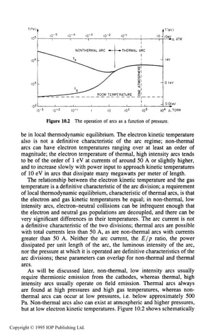 ARC REGIME 355
NONTHERMAL ARC
103 -
I eV
0 lev
I I , I I I 1 0 01eV
I
102
10-3 10-2 10-1 I 10 IO* lo3 io4 P,TORR
Figure 10.2 The operation of arcs as a function of pressure.
be in local thermodynamic equilibrium. The electron kinetic temperature
also is not a definitive characteristic of the arc regime; non-thermal
arcs can have electron temperatures ranging over at least an order of
magnitude; the electron temperature of thermal, high intensity arcs tends
to be of the order of 1eV at currents of around 50 A or slightly higher,
and to increase slowly with power input to approach kinetic temperatures
of 10 eV in arcs that dissipate many megawatts per meter of length.
The relationship between the electron kinetic temperature and the gas
temperature is a definitive characteristic of the arc division; a requirement
of local thermodynamic equilibrium, characteristic of thermal arcs, is that
the electron and gas kinetic temperatures be equal; in non-thermal, low
intensity arcs, electron-neutral collisions can be infrequent enough that
the electron and neutral gas populations are decoupled, and there can be
very significant differences in their temperatures. The arc current is not
a definitive characteristic of the two divisions; thermal arcs are possible
with total currents less than 50 A, as are non-thermal arcs with currents
greater than 50 A. Neither the arc current, the E / p ratio, the power
dissipated per unit length of the arc, the luminous intensity of the arc,
nor the pressure at which it is operated are definitive characteristics of the
arc divisions; these parameters can overlap for non-thermal and thermal
arcs.
As will be discussed later, non-thermal, low intensity arcs usually
require thermionic emission from the cathodes, whereas thermal, high
intensity arcs usually operate on field emission. Thermal arcs always
are found at high pressures and high gas temperatures, whereas non-
thermal arcs can occur at low pressures, i.e. below approximately 500
Pa. Non-thermal arcs also can exist at atmospheric and higher pressures,
but at low electron kinetic temperatures. Figure 10.2shows schematically
Copyright © 1995 IOP Publishing Ltd.
 