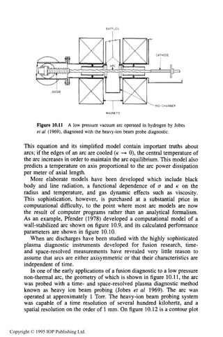 370 DC ELECTRICAL ARC DISCHARGES IN GASES
BAFFLES
I
I
MID-CHAMBER
I
MAGNETS
Figure 10.11
et a1 (1969), diagnosed with the heavy-ion beam probe diagnostic.
A low pressure vacuum arc operated in hydrogen by Jobes
This equation and its simplified model contain important truths about
arcs; if the edges of an arc are cooled (K + 0),the central temperature of
the arc increases in order to maintain the arc equilibrium. This model also
predicts a temperature on axis proportional to the arc power dissipation
per meter of axial length.
More elaborate models have been developed which include black
body and line radiation, a functional dependence of ~7 and K on the
radius and temperature, and gas dynamic effects such as viscosity.
This sophistication, however, is purchased at a substantial price in
computational difficulty, to the point where most arc models are now
the result of computer programs rather than an analytical formalism.
As an example, Pfender (1978) developed a computational model of a
wall-stabilized arc shown on figure 10.9, and its calculated performance
parameters are shown in figure 10.10,
When arc discharges have been studied with the highly sophisticated
plasma diagnostic instruments developed for fusion research, time-
and space-resolved measurements have revealed very little reason to
assume that arcs are either axisymmetric or that their characteristics are
independent of time.
In one of the early applications of a fusion diagnostic to a low pressure
non-thermal arc, the geometry of which is shown in figure 10.11, the arc
was probed with a time- and space-resolved plasma diagnostic method
known as heavy ion beam probing (Jobes et a1 1969). The arc was
operated at approximately 1 Torr. The heavy-ion beam probing system
was capable of a time resolution of several hundred kilohertz, and a
spatial resolution on the order of 1 mm. On figure 10.12 is a contour plot
Copyright © 1995 IOP Publishing Ltd.
 