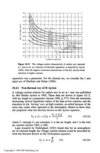 372 DC ELECTRICAL ARC DISCHARGES IN GASES
0 2 4 6 8 IO I 2 14 16 18 20 22 24 26 28 30
CURRENT-AM PERES
Figure 10.13 The voltage<urrent characteristic of carbon arcs operated
at 1 atm in air, as a function of electrode separation, as reported by Ayrton
(1902).Note the negative resistance characteristic on the left, and the mode
transition at higher currents.
separation was a parameter. For the thermal arc, we consider the 1 atm
argon arc of Eberhart and Seban (1966).
10.4.1 Non-thermal Arc of H Ayrton
A voltage-current relation for carbon arcs in air at 1 atm was published
by Mrs Hertha Ayrton in 1902. These data are shown in figure 10.13,
with arc length as a parameter (Ayrton 1902, p 177). Note the monotone
decreasing, almost hyperbolic nature of the data at low currents, and the
transition to the ‘hissing’arcs at high currents, so-called because of the
noise they make when operated in the atmosphere. Based on these data,
she proposed what has become known as the Ayrton equation,
(VI (10.33)
where C1through C4are constants, L is the arc length, and I is the total
arc current (Ayrton 1902, p 186).
Later research by Nottingham (1923) found that for an atmospheric
arc of constant length, the voltage4urrent relation could be described by
what has become known as the Nottingham equation,
c3 +C4L
I
VA = c1+c2L +
(10.34)
B
V A = A + - (VI*
I”
Copyright © 1995 IOP Publishing Ltd.
 