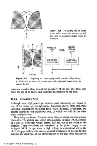 APPLIED ARC CONFIGURATIONS 385
Figure 10.28 The gliding arc, in which
an arc strikes across the narrow gap, and
rises until its increasing length causes its
extinction.
1
BALLAST
RESISTOR
DIODE -25mH 0-25OHM
PROTECTIVE
N
PRINCIPAL
POWER SUPPLY
O-aOOV, 0-60A
HIGH VOLTAGE
POWER SUPPLY
0-5kV, 0-IAMP
I
M -
GAS FLOW
w -
Figure 10.29 The gliding arc power supply, which provides a high voltage
to initiate the arc across the narrow gap, and a principal power supply to
sustain the arc.
maintain a vortex flow around the periphery of the arc. This flow then
cools the arc at its edges, and stabilizes its position on the axis.
10.7.2 Expanding Arcs
Although most high power gas heaters used industrially are based on
one of the linear arc configurations discussed above, other important
industrial applications including toxic waste disposal, switchgear, and
plasma chemistry use expanding arcs, of which we will discuss three
basic configurations.
The gliding arc is used for toxic waste disposal and destructive plasma
chemistry. The gliding arc, shown schematically in figure 10.28,consists
of a pair of electrodes which extend into and out of the plane of the
diagram. These electrodes are energized by the power supply shown
in figure 10.29. In operation, a high voltage is maintained across the
electrode gap, sufficientto cause electrical breakdown of the gas flowing
between the electrodesat the narrowest part of the gap. Once breakdown
Copyright © 1995 IOP Publishing Ltd.
 