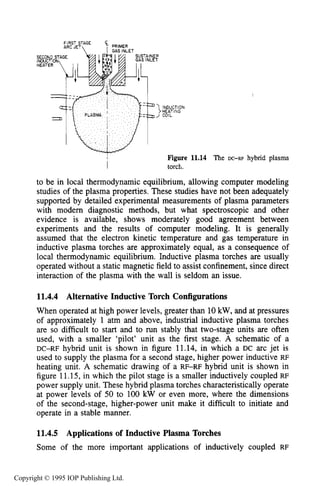 410 INDUCTIVE RF ELECTRICAL DISCHARGES IN GASES
-r-
Figure
torch.
11.14 The LX-RF hybrid plasma
to be in local thermodynamic equilibrium, allowing computer modeling
studies of the plasma properties. These studies have not been adequately
supported by detailed experimental measurements of plasma parameters
with modern diagnostic methods, but what spectroscopic and other
evidence is available, shows moderately good agreement between
experiments and the results of computer modeling. It is generally
assumed that the electron kinetic temperature and gas temperature in
inductive plasma torches are approximately equal, as a consequence of
local thermodynamic equilibrium. Inductive plasma torches are usually
operated without a static magnetic field to assist confinement, since direct
interaction of the plasma with the wall is seldom an issue.
11.4.4 Alternative Inductive Torch Configurations
When operated at high power levels, greater than 10kW, and at pressures
of approximately 1 atm and above, industrial inductive plasma torches
are so difficult to start and to run stably that two-stage units are often
used, with a smaller ‘pilot’ unit as the first stage. A schematic of a
DC-RF hybrid unit is shown in figure 11.14, in which a DC arc jet is
used to supply the plasma for a second stage, higher power inductive RF
heating unit. A schematic drawing of a RF-RF hybrid unit is shown in
figure 11.15, in which the pilot stage is a smaller inductively coupled RF
power supply unit. These hybrid plasma torches characteristically operate
at power levels of 50 to 100 kW or even more, where the dimensions
of the second-stage, higher-power unit make it difficult to initiate and
operate in a stable manner.
11.4.5 Applications of Inductive Plasma Torches
Some of the more important applications of inductively coupled RF
Copyright © 1995 IOP Publishing Ltd.
 