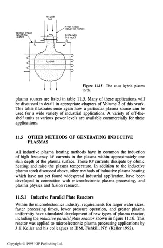 OTHER METHODS OF GENERATING INDUCTIVE PLASMAS 411
PRIMER
I GAS I
SECOND STAGE
INDUCTION SUSTAINER
HEATER
I ! / Figure 11.15 The RF-RF hybrid plasma
torch.
plasma sources are listed in table 11.3. Many of these applications will
be discussed in detail in appropriate chapters of Volume 2 of this work.
This table illustrates once again how a particular plasma source can be
used for a wide variety of industrial applications. A variety of off-the-
shelf units at various power levels are available commercially for these
applications.
11.5 OTHER METHODS OF GENERATING INDUCTIVE
PLASMAS
All inductive plasma heating methods have in common the induction
of high frequency RF currents in the plasma within approximately one
skin depth of the plasma surface. These RF currents dissipate by ohmic
heating and raise the plasma temperature. In addition to the inductive
plasma torch discussed above, other methods of inductive plasma heating
which have not yet found widespread industrial application, have been
developed in connection with microelectronic plasma processing, and
plasma physics and fusion research.
11.5.1 Inductive Parallel Plate Reactors
Within the microelectronics industry, requirements for larger wafer sizes,
faster processing times, lower pressure operation, and greater plasma
uniformity have stimulated development of new types of plasma reactor,
including the inductive parallel plate reactor shown in figure 11.16. This
reactor was applied to microelectronic plasma processing applications by
J H Keller and his colleagues at IBM, Fishkill, NY (Keller 1992).
Copyright © 1995 IOP Publishing Ltd.
 