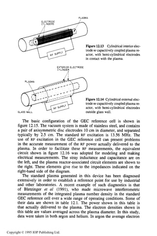 444 CAPACITIVE RF ELECTRICAL DISCHARGES IN GASES
PLASMA
Figure 12.13 Cylindrical interior elec-
trode RF capacitively coupled plasma re-
actor, with hemi-cylindrical electrodes
in contact with the plasma.
EXTERIOR ELECTRODE
CYLINDER
n
Figure 12.14 Cylindrical external elec-
trode RF capacitively coupled plasma re-
actor, with hemi-cylindrical electrodes
outside glass wall.GLASS WALL
The basic configuration of the GEC reference cell is shown in
figure 12.15. The vacuum system is made of stainless steel, and contains
a pair of axisymmetric disc electrodes 10 cm in diameter, and separated
typically by 2.5 cm. The standard RF excitation is 13.56 MHz. The
use of RF excitation in the GEC reference cell can present problems
in the accurate measurement of the RF power actually delivered to the
plasma. In order to facilitate these RF measurements, the equivalent
circuit shown in figure 12.16 was adopted for modeling and making
electrical measurements. The stray inductance and capacitance are on
the left, and the plasma reactor-associated circuit elements are shown to
the right. These elements give rise to the impedances indicated on the
right-hand side of the diagram.
The standard plasma generated in this device has been diagnosed
extensively in order to establish a reference point for use by industrial
and other laboratories. A recent example of such diagnostics is that
of Bletzinger et a1 (1991), who made microwave interferometric
measurements of the integrated plasma number density in the standard
GEC reference cell over a wide range of operating conditions. Some of
their data are shown in table 12.1. The power shown in this table is
that actually delivered to the plasma. The electron densities shown in
this table are values averaged across the plasma diameter. In this study,
data were taken in both argon and helium. In argon the average electron
Copyright © 1995 IOP Publishing Ltd.
 