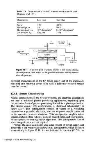 446 CAPACITIVE RF ELECTRICAL DISCHARGES IN GASES
Table 12.1 Characteristics of the GEC reference research reactor (from
Bletzinger et a1 1991).
Characteristic Low value High value
Power 1 w 100 w
Electron density, n, 1015electrons/m3 3 x 10'' electrons/m3
Gas pressure, po 0.10 TOK 1 TOK
Bias voltage, DC 5 v 250 v
RF POWER
hSUPPLY
C 2 T
Figure 12.17 A parallel plate RF plasma reactor in the plasma etching
(PE)configuration, with wafers on the grounded electrode, and the opposite
electrode powered.
electrical characteristics of the RF power supply and of the impedance
matching and metering circuit used with a particular research reactor
must be known.
12.4.3 System Characteristics
Various arrangements of the RF power supply and electrode connections
are used in industrial plasma processing applications, depending upon
the particular form of plasma processing desired for a given application.
The plasma etching (PE) configuration is illustrated schematically in
figure 12.17. This configuration consists of wafers or a workpiece
mounted on a grounded electrode, with the RF power supply connected
to the opposite, powered electrode. This configuation supplies active
species, including free radicals, atoms in excited states, and other plasma-
related species for etching and/or deposition. This configuration is used
when energetic ions are not required.
Perhaps the most commonly used arrangement of power supply and
electrodes is the reactive ion etching (RIE) configuration, which is shown
schematically in figure 12.18. As was indicated in equation (12.78), the
Copyright © 1995 IOP Publishing Ltd.
 