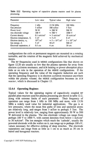 CAPACITIVELY COUPLED RF PLASMA SOURCES 449
Table 12.2 Operating regime of capacitive plasma reactors used for plasma
processing.
Parameter Low value Typical value High value
Frequency
Gas pressure
Power level
rms electrode voltage
Current density
Electron temperature, T,
Electron density, ne
Ion energy, E,
Electrode separation, d
1 mz
3 mTorr
50 W
100 v
0.1 mA/cmZ
3 eV
5 eV
0.5 cm
1 0 9 ~ 3
13.56 MHz
300 mTorr
%YOOW
W300V
% 3 mA/cm2
% 5 eV
50 eV
4 cm
5 1015/~3
100 MHz
5 Torr
500 W
1000 v
10 mA/cm2
8 eV
500 eV
30 cm
3 1017/~3
configurations the coils or permanent magnets are mounted on a rotating
turntable, and the rotation of the magnetic field achieved by mechanical
means.
The RF frequencies used in MERIE configurations like that shown on
figure 12.20 are usually so low that the plasma operates far away from
electron cyclotron resonance, and ECR heating or power absorption plays
little or no role in the operation of the MERIE configurations. If the
operating frequency and the value of the magnetic induction are such
that the operating frequency is in electron cyclotron resonance anywhere
within the plasma volume, the MERIE configuration becomes an ECR
reactor, which is discussed in Chapter 13.
12.4.4 Operating Regimes
Typical values for the operating regime of capacitively coupled RF
parallel plate reactors used for plasma processing are shown in table 12.2,
along with extreme limits of each parameter. Their frequency of
operation can range from 1 kHz to 100 MHz and more, with 13.56
MHz a widely used value for industrial applications. The gas is at
low pressures, where the mean free paths of ions and sputtered atoms
are relatively long, and ranges from 3 mTorr to perhaps 5 Torr. The
power level is relatively low, ranging from approximately 50 W to 500
W delivered to the plasma. The rms electrode voltage can range from
perhaps 100 V to 1000 V, with current densities from below 1 mA/cm2
to 30 rnA/cm2. The ion energies which reach the ‘cathode’, usually the
powered electrode with the wafers on it, can range up to perhaps 100eV,
values necessary for effective etching of deep trenches. The electrode
separations can range from as little as 1 cm to as much as 30 cm in
barrel and hexagonal reactors.
Copyright © 1995 IOP Publishing Ltd.
 