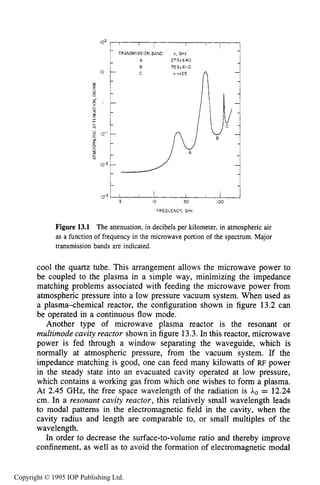 INTRODUCTION 467
TRANSMISSION BAND v . GHz
27Sv540
755v-<110
v =I25
[ A
B
A
tf l I
1 1
3 IO 30 IO0
FREQUENCY, GHz
Figure 13.1 The attenuation, in decibels per kilometer, in atmospheric air
as a function of frequency in the microwave portion of the spectrum. Major
transmission bands are indicated.
cool the quartz tube. This arrangement allows the microwave power to
be coupled to the plasma in a simple way, minimizing the impedance
matching problems associated with feeding the microwave power from
atmospheric pressure into a low pressure vacuum system. When used as
a plasma-chemical reactor, the configuration shown in figure 13.2 can
be operated in a continuous flow mode.
Another type of microwave plasma reactor is the resonant or
multimode cavity reactor shown in figure 13.3.In this reactor, microwave
power is fed through a window separating the waveguide, which is
normally at atmospheric pressure, from the vacuum system. If the
impedance matching is good, one can feed many kilowatts of RF power
in the steady state into an evacuated cavity operated at low pressure,
which contains a working gas from which one wishes to form a plasma.
At 2.45 GHz, the free space wavelength of the radiation is ho = 12.24
cm. In a resonant cavity reactor, this relatively small wavelength leads
to modal patterns in the electromagnetic field in the cavity, when the
cavity radius and length are comparable to, or small multiples of the
wavelength.
In order to decrease the surface-to-volume ratio and thereby improve
confinement, as well as to avoid the formation of electromagnetic modal
Copyright © 1995 IOP Publishing Ltd.
 