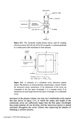 468 MICROWAVE ELECTRICAL DISCHARGES IN GASES
REACTANTS
OUARTZ TUBE
-COOLANT
PLASMA
iPRODUCT
Figure 13.2 The waveguide coupled plasma reactor, used for coupling
microwave power fed from the left by the waveguide, to a plasma generated
in a cooled quartz tube maintained at lower pressure.
TUNING
WAVEGUIDE AND
TUNER
RESONANT CAVITY R=b,, d=h,
MULTIMODE CAVITY R>.k,,, d>>A,,
d
Figure 13.3 A schematic of a cylindrical cavity microwave plasma
reactor. The plasma is at reduced pressure, necessitating a vacuum window
for microwave power transmission. If the dimensions of the cavity are
comparable to the free space wavelength, it is a resonant cavity; if its
dimensions are much larger than the free space wavelength, it is a multimode
cavity.
structures in the plasma volume, one may use a multimode cavity reactor
like that shown in figure 13.3, in which the radius and length of the
multimode cavity are sufficiently larger than the free space wavelength
that modal patterns do not develop, and the microwave power is spread
uniformly throughout the cavity volume, thus improving the chances of
obtaining a uniform plasma.
Copyright © 1995 IOP Publishing Ltd.
 