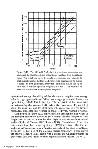 480 MICROWAVE ELECTRICAL DISCHARGES IN GASES
0.1 0 4 I 4 IO 40 loo
V,(MHZ)
Figure 13.11 The full width 3 dB above the maximum attenuation as a
function of the electron collision frequency, as calculated from cold plasma
theory. The dotted line shows the simple approximation appropriate to the
single-particle regime; the four solid curves were calculated in the manner
of figure 13.9 from cold plasma theory for a cylindrical plasma slab 12 cm
thick with an electron cyclotron frequency of 4 GHz. The parameter on
these four curves is the electron plasma frequency.
cycZotron dumping, the ability of the electrons to acquire more energy,
achieve larger gyro radii, and fall across a larger potential difference per
cycle if they collide less frequently. The full width at half maximum
is indicated by the arrows, 3 dB below the maximum. Figure 13.10
shows the phase angle of the electromagnetic radiation as it goes through
resonance, exhibiting the reversal in phase of driven, resonant systems.
As indicated in figure 13.9, the relationship between the half-width of
the resonant absorption curve and the electron collision frequency is no
longer one to one, as it was for the single-interaction result examined
earlier (Roth and Spence 1987, Spence 1990). Calculations of the reso-
nant curves have been made by Spence (1990) who found that the full
width at half-maximum was a function not only of the electron collision
frequency uc, but also of the electron plasma frequency. These curves
are shown in figure 13.11, along with a dotted line which represents the
previously obtained result for the single-interaction regime, Am = U,.
Copyright © 1995 IOP Publishing Ltd.
 