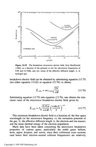 MICROWAVE BREAKDOWN OF GASES 495
0 99 GHz
A:I 51x10F2m1HYDROGEN GAS
lo3
0.01 0.I I.o 10 I O 0
p(T0RRI
Figure 13.19 The breakdown microwave electric field, from MacDonald
(1966), as a function of the pressure in torr for microwave frequencies of
0.99 and 9.4 GHz, and two values of the effective diffusion length, A, in
hydrogen gas.
breakdown electric field can be obtained by substituting equation (13.75)
into either equation (13.62) or equation (13.70), to obtain,
(13.76)
Substituting equation (13.75) into equation (13.76), one obtains the min-
imum value of the microwave breakdown electric field, given by
(13.77)
This minimum breakdown electric field is a function of the free space
wavelength (or the microwave frequency U); the ionization potential of
the gas, vi; the effective diffusion length A; the electron and ion masses;
and the mean thermal energy of the electron population.
Much data have been taken concerning the microwave breakdown
properties of various gases, particularly the noble gases helium,
neon, argon, krypton, and xenon, since their collisional cross sections
(and hence their electron-neutral collision frequencies) are relatively
Copyright © 1995 IOP Publishing Ltd.
 