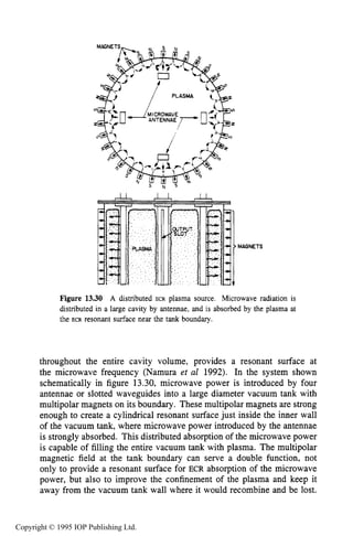 506 MICROWAVE ELECTRICAL DISCHARGES IN GASES
Figure 13.30 A distributed ECR plasma source. Microwave radiation is
distributed in a large cavity by antennae, and is absorbed by the plasma at
the ECR resonant surface near the tank boundary.
throughout the entire cavity volume, provides a resonant surface at
the microwave frequency (Namura et al 1992). In the system shown
schematically in figure 13.30, microwave power is introduced by four
antennae or slotted waveguides into a large diameter vacuum tank with
multipolar magnets on its boundary. These multipolar magnets are strong
enough to create a cylindrical resonant surface just inside the inner wall
of the vacuum tank, where microwave power introduced by the antennae
is strongly absorbed. This distributed absorption of the microwave power
is capable of filling the entire vacuum tank with plasma. The multipolar
magnetic field at the tank boundary can serve a double function, not
only to provide a resonant surface for ECR absorption of the microwave
power, but also to improve the confinement of the plasma and keep it
away from the vacuum tank wall where it would recombine and be lost.
Copyright © 1995 IOP Publishing Ltd.
 