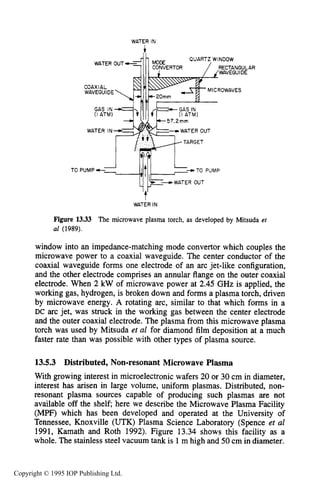 NON-RESONANT MICROWAVE PLASMA SOURCES 511
WATER IN
1,
OWAVESCOAXIA L
WAVEGUIDE
WATER IN-= =-WATER OUT
fi6+
TO PUMP+- -TO PUMP
i t k - Z R OUT
tWATER IN
Figure 13.33 The microwave plasma torch, as developed by Mitsuda et
a1 (1989).
window into an impedance-matching mode convertor which couples the
microwave power to a coaxial waveguide. The center conductor of the
coaxial waveguide forms one electrode of an arc jet-like configuration,
and the other electrode comprises an annular flange on the outer coaxial
electrode. When 2 kW of microwave power at 2.45 GHz is applied, the
working gas, hydrogen, is broken down and forms a plasma torch, driven
by microwave energy. A rotating arc, similar to that which forms in a
DC arc jet, was struck in the working gas between the center electrode
and the outer coaxial electrode.The plasma from this microwave plasma
torch was used by Mitsuda et a1 for diamond film deposition at a much
faster rate than was possible with other types of plasma source.
13.5.3 Distributed, Non-resonant Microwave Plasma
With growing interest in microelectronic wafers 20 or 30cm in diameter,
interest has arisen in large volume, uniform plasmas. Distributed, non-
resonant plasma sources capable of producing such plasmas are not
available off the shelf; here we describe the Microwave Plasma Facility
(MPF) which has been developed and operated at the University of
Tennessee, Knoxville (UTK) Plasma Science Laboratory (Spence et a1
1991, Kamath and Roth 1992). Figure 13.34 shows this facility as a
whole. The stainlesssteel vacuum tank is 1 m high and 50 cm in diameter.
Copyright © 1995 IOP Publishing Ltd.
 
