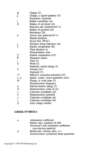 518
Q
4
r
R
S
S
T
T’
T
t
U
V
V*
v, v
W
W
X
Y
Y
2
z
X
NOMENCLATURE
Charge (C)
Charge, a signed quantity (C)
Parametric exponent
Radial coordinate (m)
Radius of curvature (m)
Reaction rate (reactions/m3-s)
Radius of gyration (m)
Resistance (Q)
Source rate (particles/m3-s)
Sheath thickness
Power flux (W/m2)
Distance along trajectory (m)
Kinetic temperature (K)
Time duration (s)
Dimensionless time
Kinetic temperature (eV)
Transport matrix
Time (s)
Work (J)
Potential, stored energy (J)
Volume (m3)
Potential (V)
Effective ionization potential (eV)
Speed: scalar, vector quantities (m/s)
Energy or work done (J)
Dimensionless frequency
Particle kinetic energy (J)
Dimensionless value of pd
Cartesian coordinate (m)
Dimensionless potential
Cartesian coordinate (m)
Cartesian coordinate (m)
Ionic charge number
GREEK SYMBOLS
cy Attenuation coefficient
Radius ratio, equation (8.102)
Townsend’s first ionization coefficient
Relativistic velocity ratio, v / c
Dimensionless cylindrical diode parameter
(ion-electron pairs/m)
B
Copyright © 1995 IOP Publishing Ltd.
 