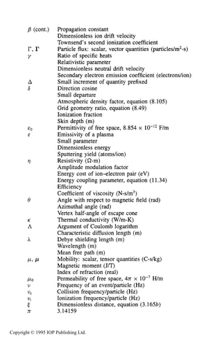 NOMENCLATURE 519
EO
E
h
17
e
K
A
B (cont.) Propagation constant
Dimensionless ion drift velocity
Townsend’s second ionization coefficient
r,r Particle flux: scalar, vector quantities (particles/m2-s)
Y Ratio of specific heats
Relativistic parameter
Dimensionless neutral drift velocity
Secondary electron emission coefficient (electronshon)
A Small increment of quantity prefixed
6 Direction cosine
Small departure
Atmospheric density factor, equation (8.105)
Grid geometry ratio, equation (8.49)
Ionization fraction
Skin depth (m)
Permittivity of free space, 8.854 x
Emissivity of a plasma
Small parameter
Dimensionless energy
Sputtering yield (atomdion)
Resistivity (a-m)
Amplitude modulation factor
Energy cost of ion-electron pair (eV)
Energy coupling parameter, equation (11.34)
Efficiency
Coefficient of viscosity (N-s/m3)
Angle with respect to magnetic field (rad)
Azimuthal angle (rad)
Vertex half-angle of escape cone
Thermal conductivity (W/m-K)
Argument of Coulomb logarithm
Characteristic diffusion length (m)
Debye shielding length (m)
Wavelength (m)
Mean free path (m)
Mobility: scalar, tensor quantities (C-skg)
Magnetic moment (J/T)
Index of refraction (real)
Permeability of free space, 477 x
Frequency of an evenvparticle (Hz)
Collision frequency/particle (Hz)
Ionization frequency/particle (Hz)
Dimensionless distance, equation (3.165b)
3.14159
F/m
Wm
Copyright © 1995 IOP Publishing Ltd.
 