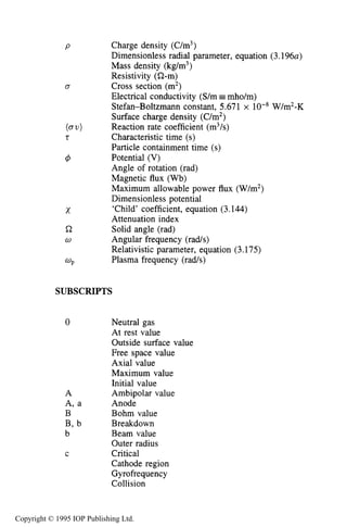 NOMENCLATURE
Charge density (C/m3)
Dimensionless radial parameter, equation (3.196a)
Mass density (kg/m3)
Resistivity (S2-m)
Cross section (m2)
Electrical conductivity (S/m mho/m)
Stefan-Boltzmann constant, 5.671 x W/m2-K
Surface charge density (C/m2)
Reaction rate coefficient (m3/s)
Characteristic time (s)
Particle containment time (s)
Potential (V)
Angle of rotation (rad)
Magnetic flux (Wb)
Maximum allowable power flux (W/m2)
Dimensionless potential
‘Child’ coefficient, equation (3.144)
Attenuation index
Solid angle (rad)
Angular frequency (radh)
Relativistic parameter, equation (3.175)
Plasma frequency (radh)
SUBSCRIPTS
0 Neutral gas
At rest value
Outside surface value
Free space value
Axial value
Maximum value
Initial value
A Ambipolar value
A, a Anode
B Bohm value
B, b Breakdown
b Beam value
Outer radius
C Critical
Cathode region
Gyrofrequency
Collision
Copyright © 1995 IOP Publishing Ltd.
 